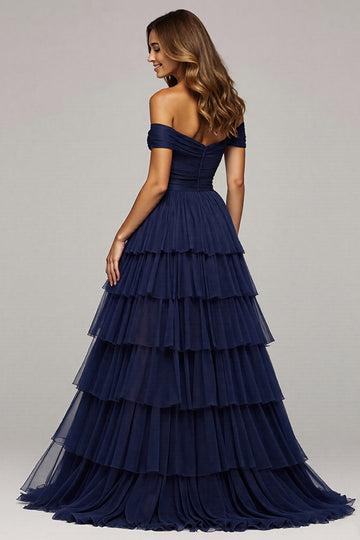 Navy Tulle Ball Gown Ruffled Off the Shoulder Long Formal Dress with Slit